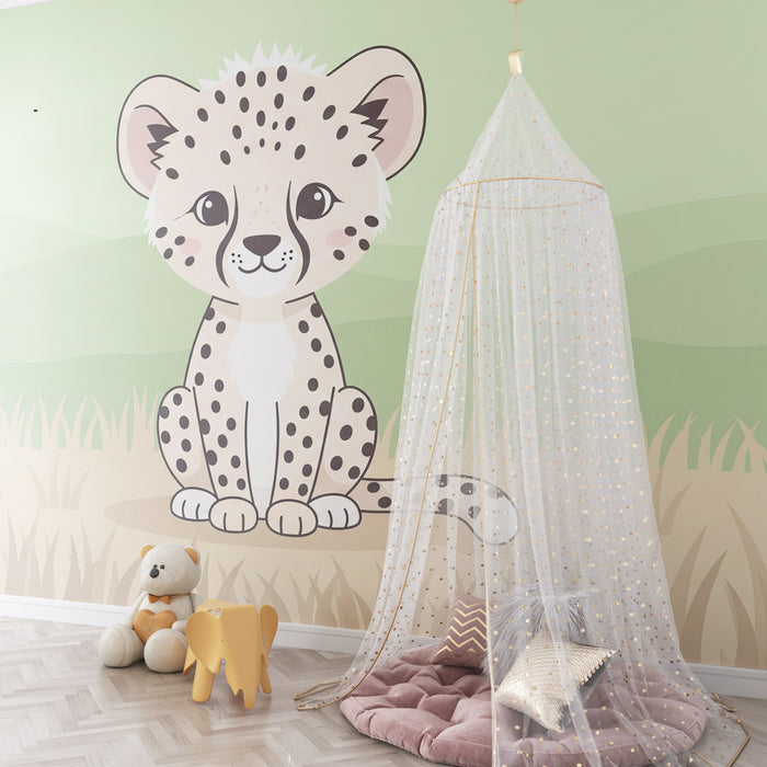 Papel pintado infantil | Pequeño leopardo travieso en la sabana