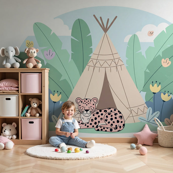 Papel pintado infantil | Pequeño leopardo y tipi en la selva