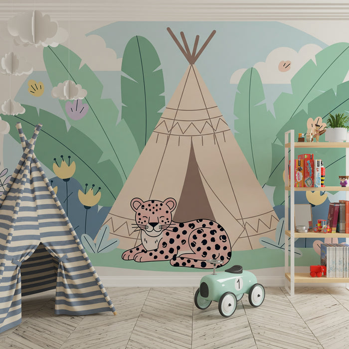 Papel pintado infantil | Pequeño leopardo y tipi en la selva