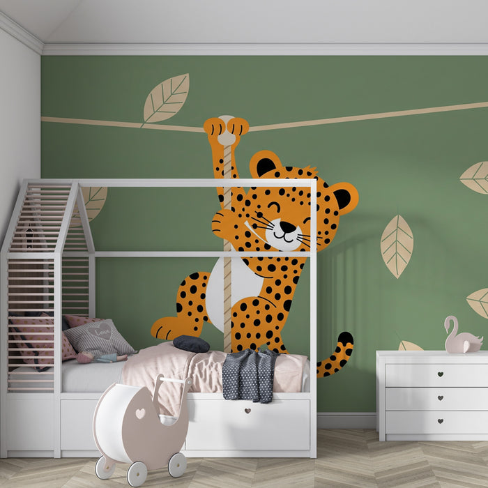 Papier peint chambre enfant | Petit léopard joueur dans la jungle