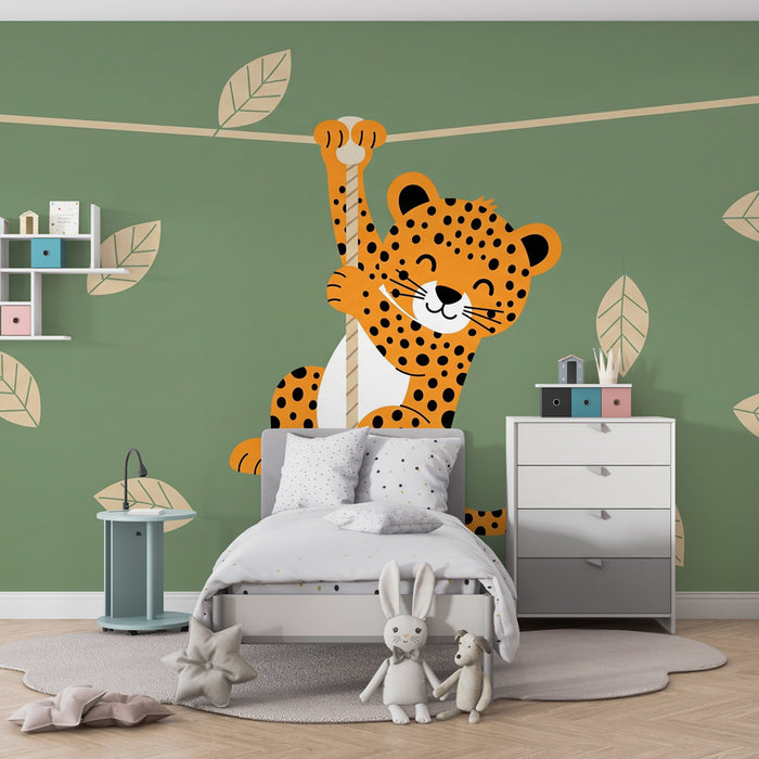 Papier peint chambre enfant | Petit léopard joueur dans la jungle