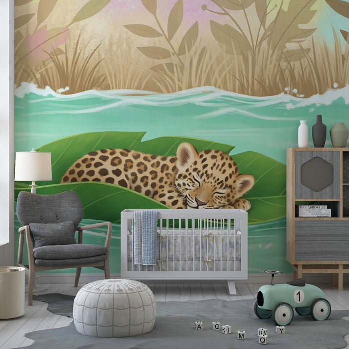 Tapet barnerom | Liten fredelig leopard på et blad