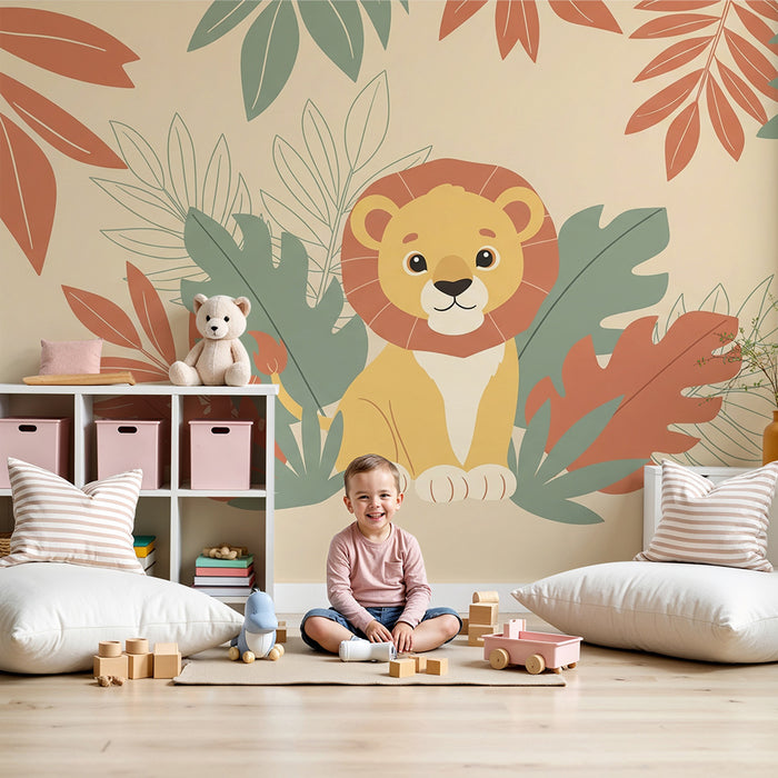 Kinderzimmer Tapete | Kleiner Löwe inmitten bunter Blätter