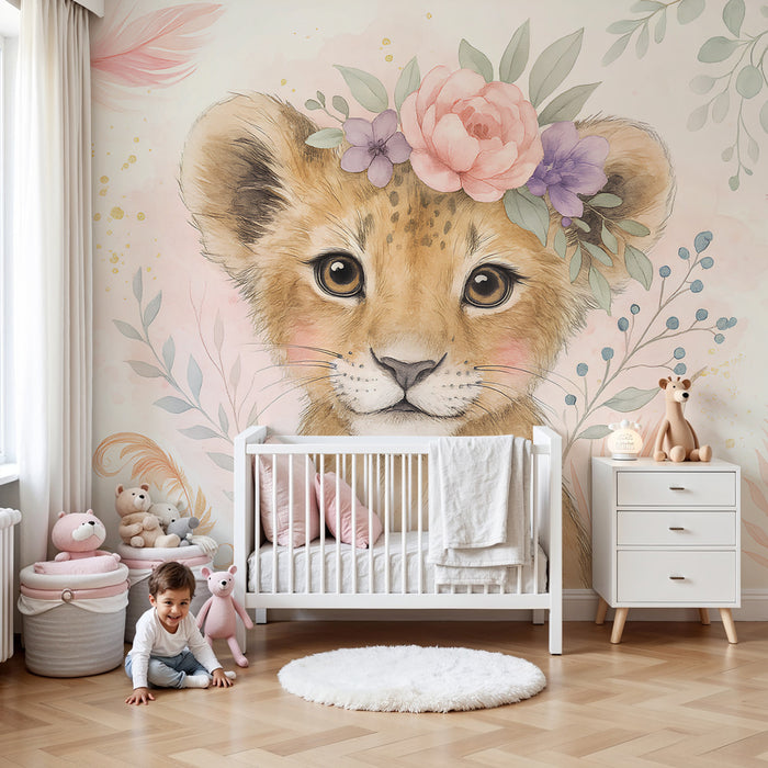 Papier peint chambre enfant | Petit lion avec couronne de fleurs