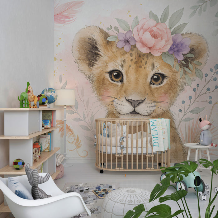 Papier peint chambre enfant | Petit lion avec couronne de fleurs