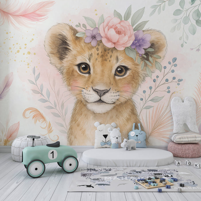 Papier peint chambre enfant | Petit lion avec couronne de fleurs
