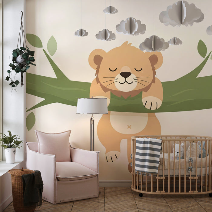 Kids room wallpaper | Little cuddly lion on a branch