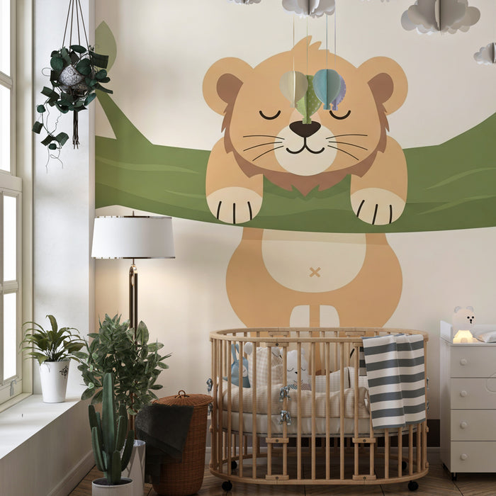 Kids room wallpaper | Little cuddly lion on a branch
