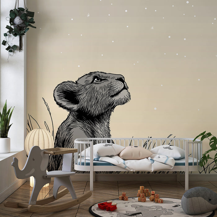 Barntapet | Liten betraktande lejon under en stjärnklar himmel