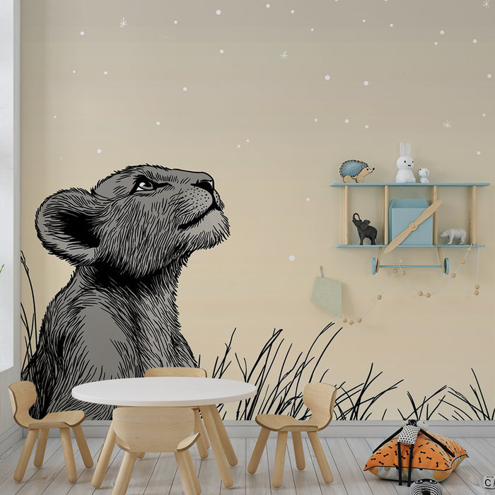Barntapet | Liten betraktande lejon under en stjärnklar himmel