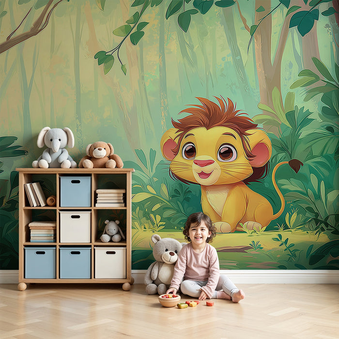 Papel pintado infantil | Pequeño león curioso en la selva verde