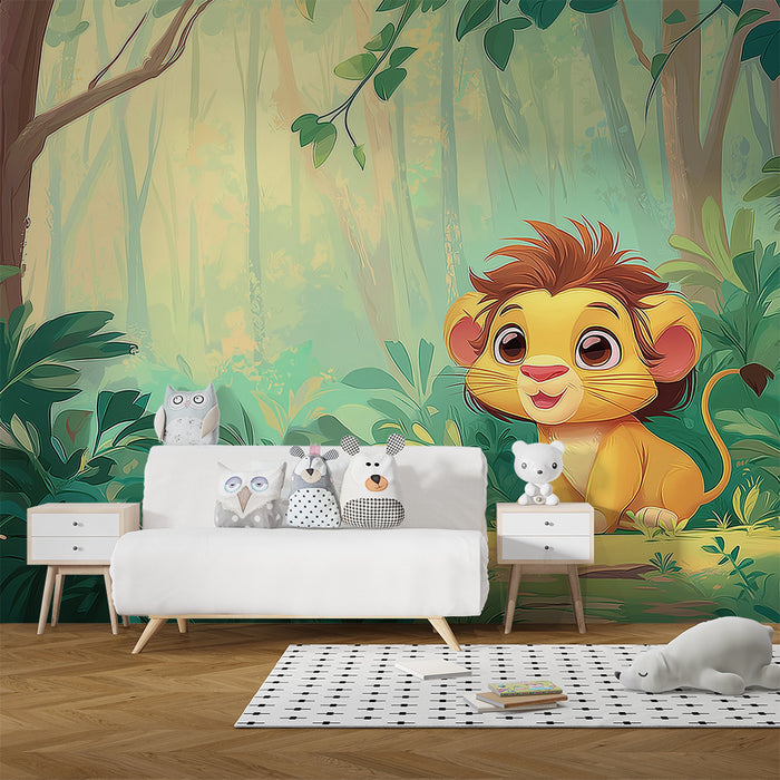 Papel pintado infantil | Pequeño león curioso en la selva verde