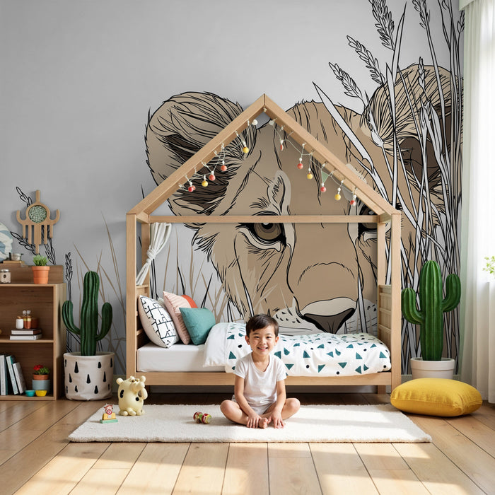 Papier peint chambre enfant | Petit lion curieux dans la savane