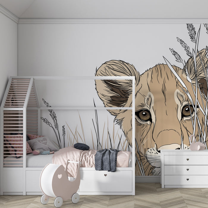Papier peint chambre enfant | Petit lion curieux dans la savane