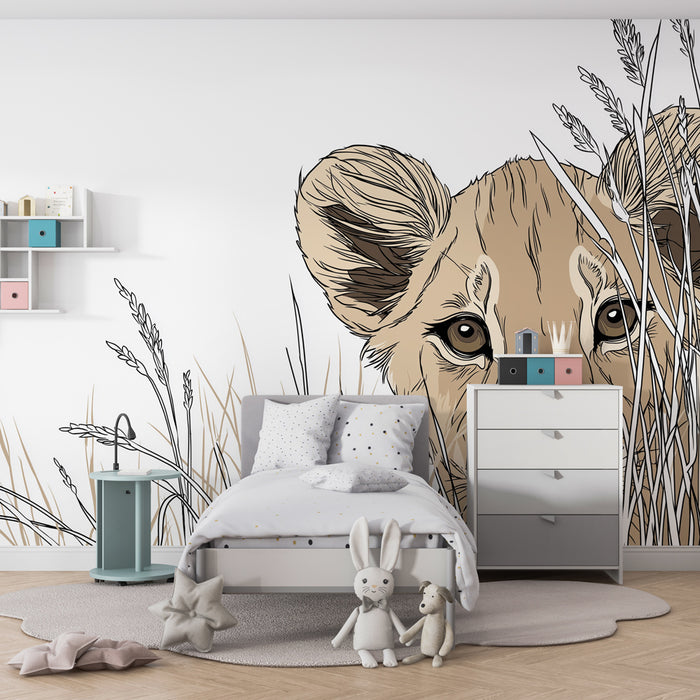 Papier peint chambre enfant | Petit lion curieux dans la savane
