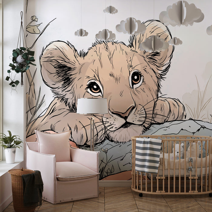 Kids room wallpaper | Little curious lion and butterflies