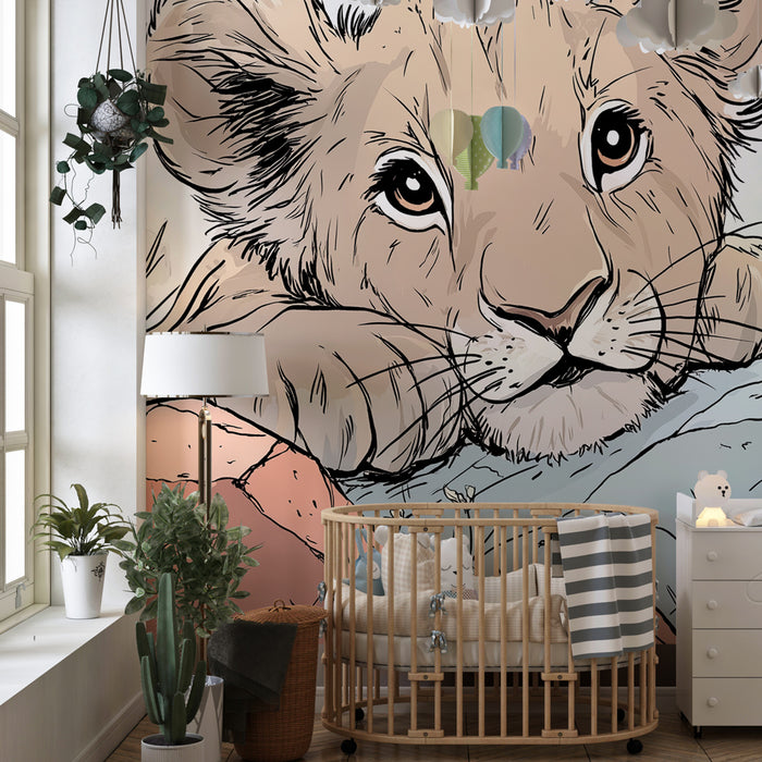 Kids room wallpaper | Little curious lion and butterflies
