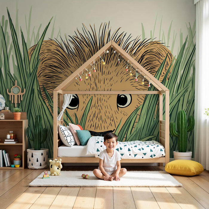 Papier peint chambre enfant | Petit lion dans l'herbe haute