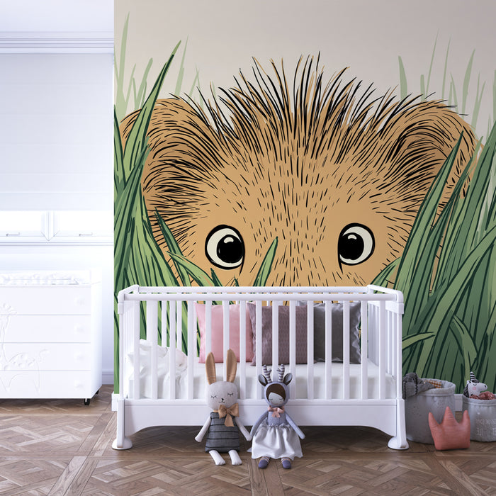 Papier peint chambre enfant | Petit lion dans l'herbe haute