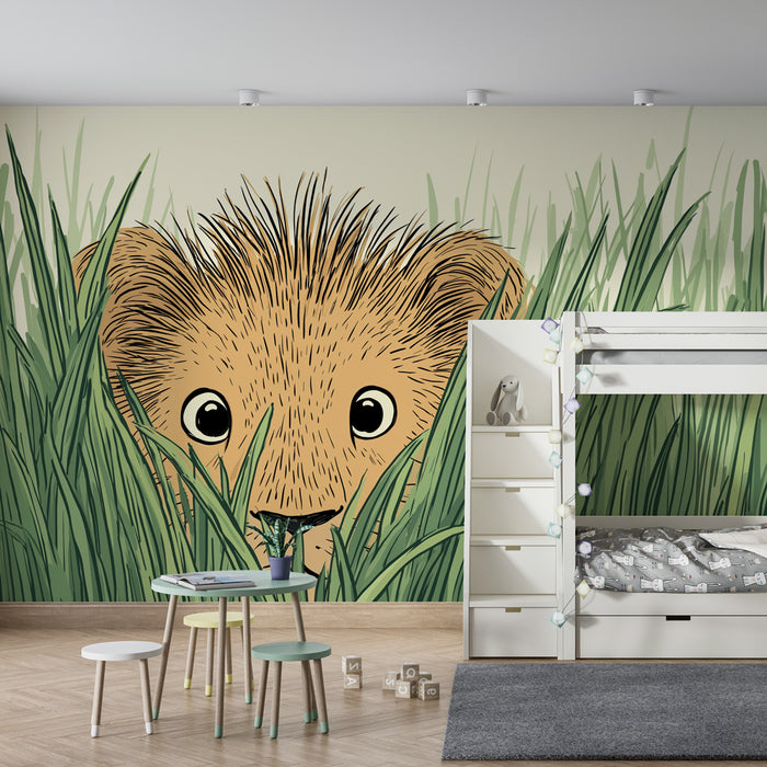 Papier peint chambre enfant | Petit lion dans l'herbe haute