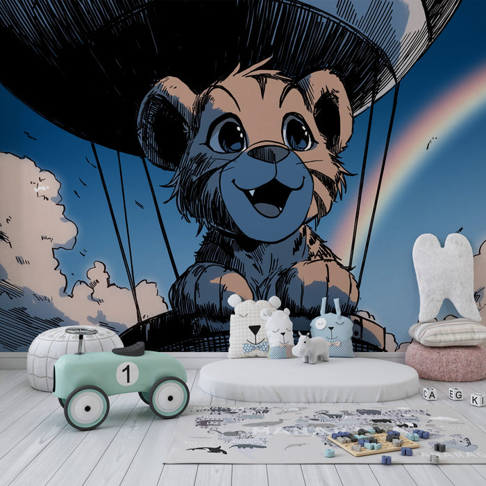 Kinderkamer behang | Kleine leeuw in een luchtballon onder een regenboog
