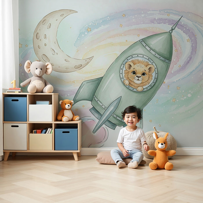 Kinderkamer behang | Kleine leeuw in een ruimteraket