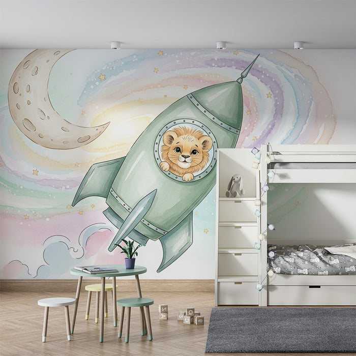 Kinderkamer behang | Kleine leeuw in een ruimteraket