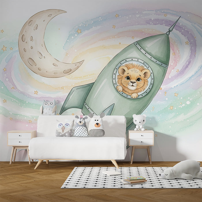 Kinderkamer behang | Kleine leeuw in een ruimteraket