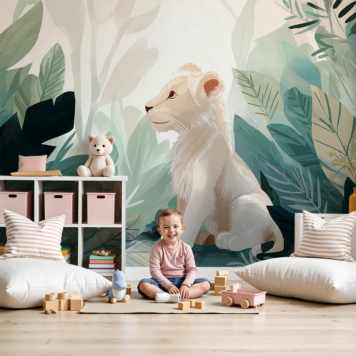 Papel pintado infantil | Pequeño león en una jungla verde