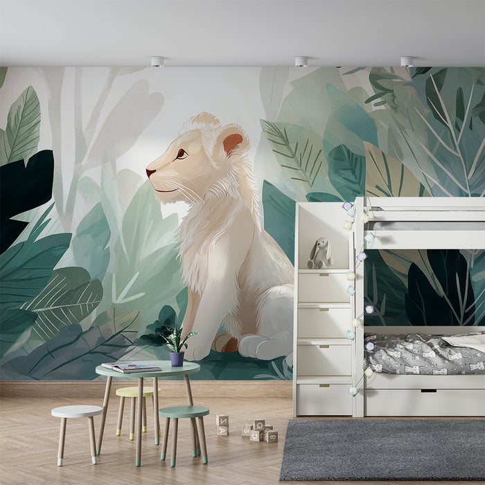 Papel pintado infantil | Pequeño león en una jungla verde