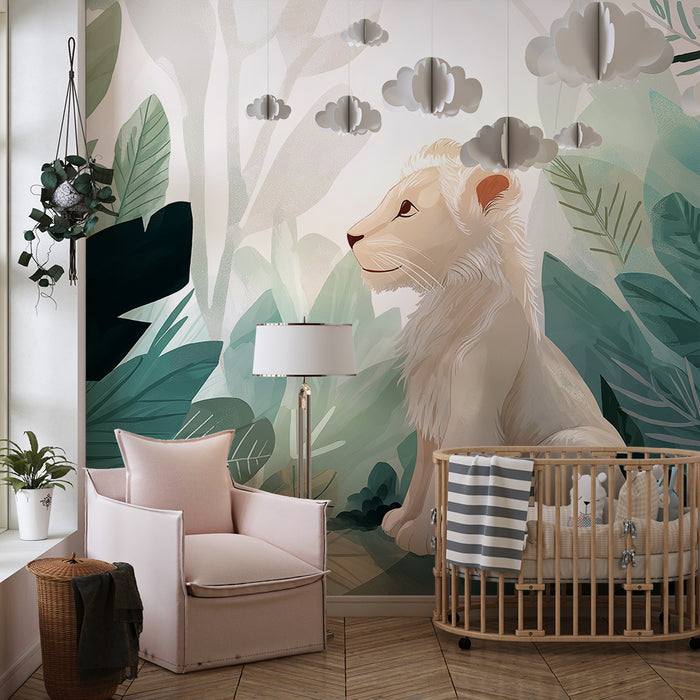 Papel pintado infantil | Pequeño león en una jungla verde