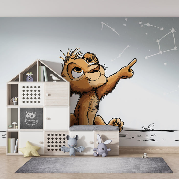 Tapet barnerom | Liten løve og stjernekonstellasjoner