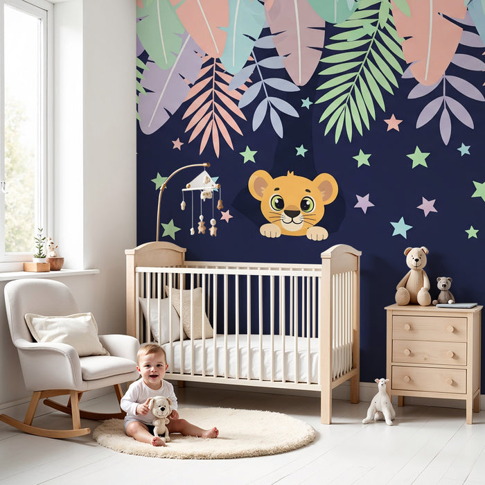 Kinderzimmer Tapete | Kleiner Löwe und bunte Blätter