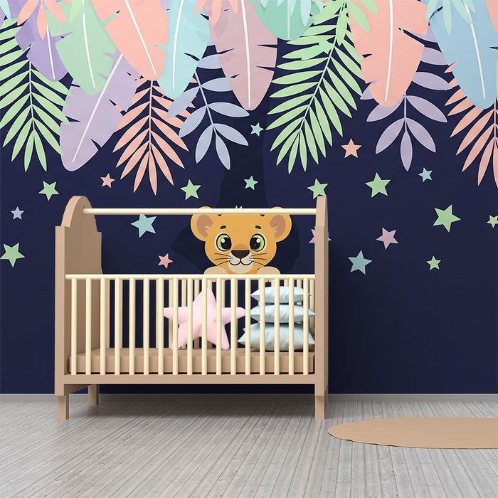 Kinderzimmer Tapete | Kleiner Löwe und bunte Blätter
