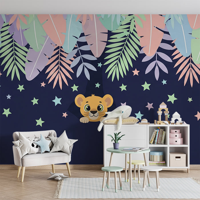 Kinderzimmer Tapete | Kleiner Löwe und bunte Blätter