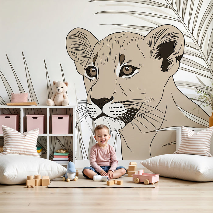 Papier peint chambre enfant | Petit lion et feuillage tropical
