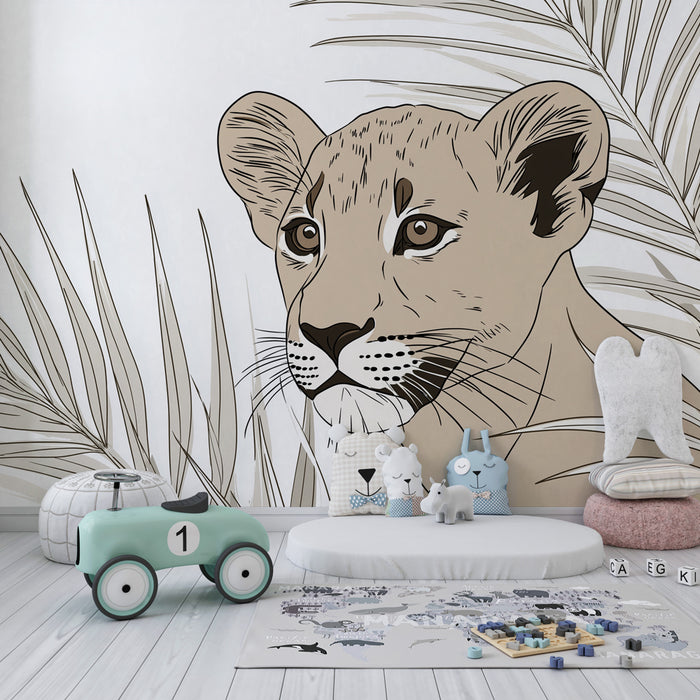 Papier peint chambre enfant | Petit lion et feuillage tropical