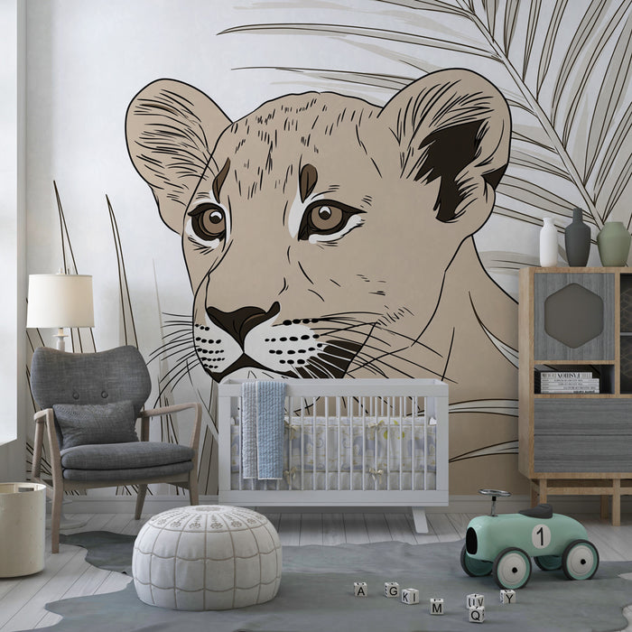 Papier peint chambre enfant | Petit lion et feuillage tropical