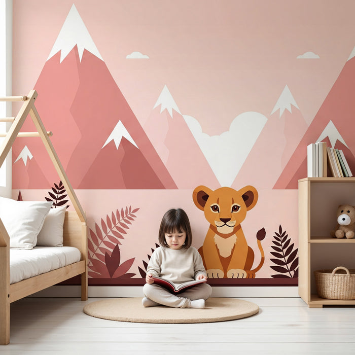 Papel de parede criança | Pequeno leão e montanhas pastel