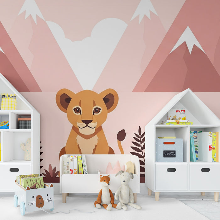 Papel de parede criança | Pequeno leão e montanhas pastel
