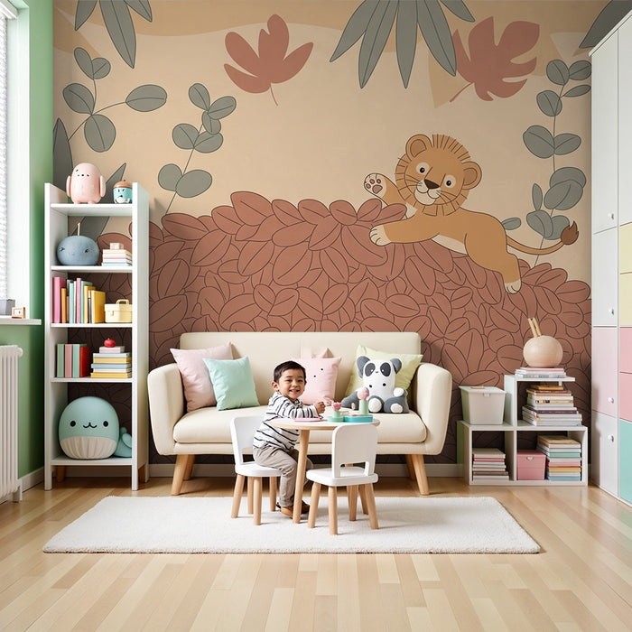 Papier peint chambre enfant | Petit lion joueur au milieu des feuilles