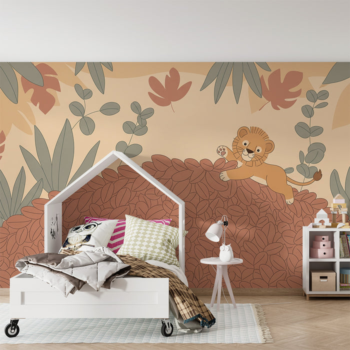 Papier peint chambre enfant | Petit lion joueur au milieu des feuilles