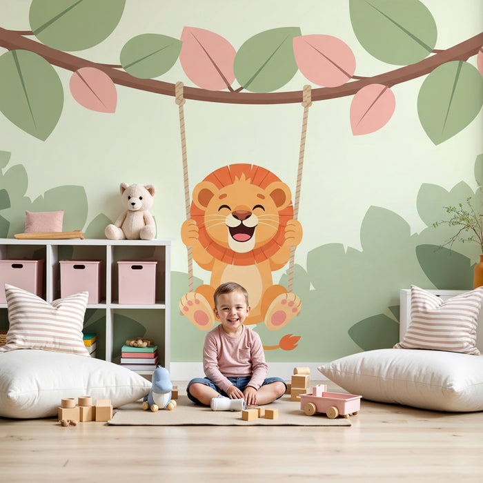 Papier peint chambre enfant | Petit lion joyeux sur une balançoire