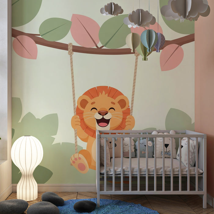 Papier peint chambre enfant | Petit lion joyeux sur une balançoire