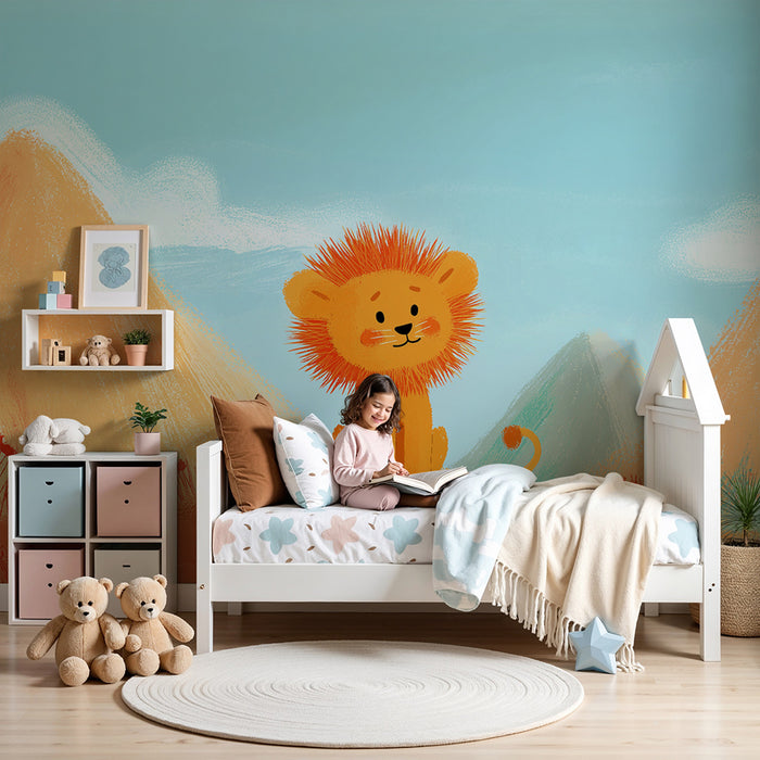 Kinderzimmer Tapete | Niedlicher kleiner Löwe in einer bunten Wüstenlandschaft