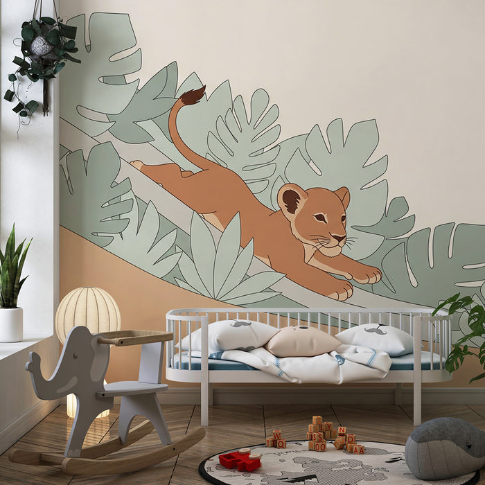 Papier peint chambre enfant | Petit lion sautant au milieu des feuillages