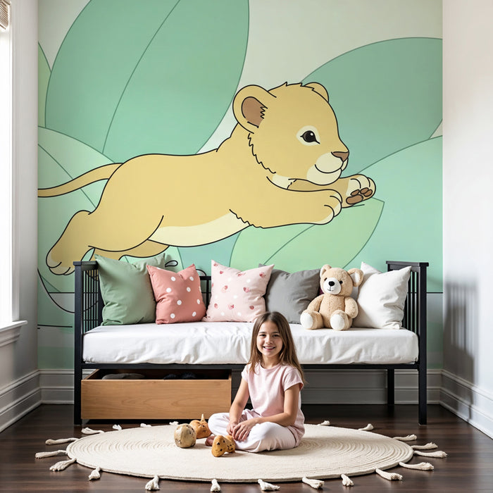 Papel pintado infantil | Pequeño león saltando en el agua