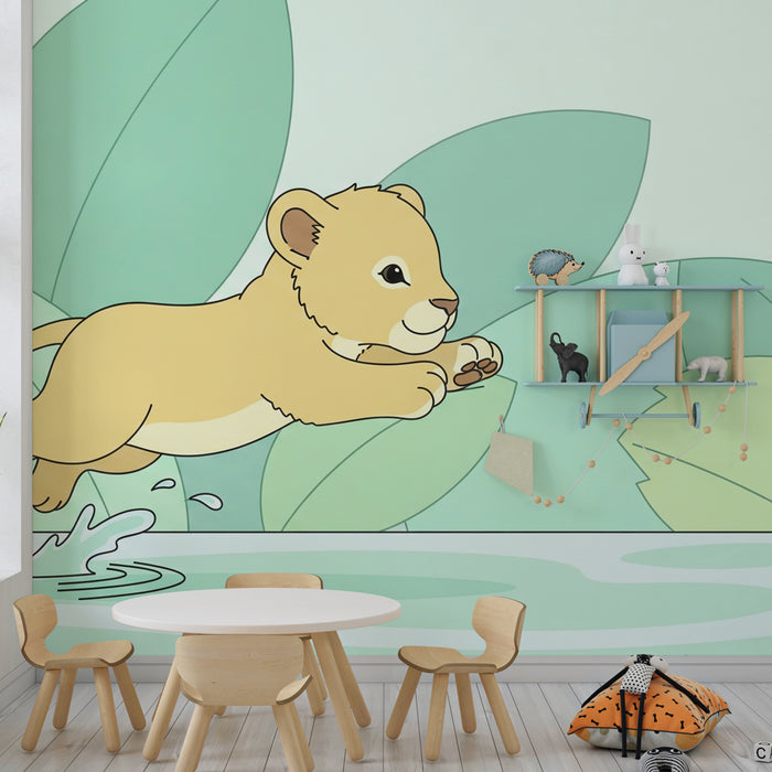 Papel pintado infantil | Pequeño león saltando en el agua