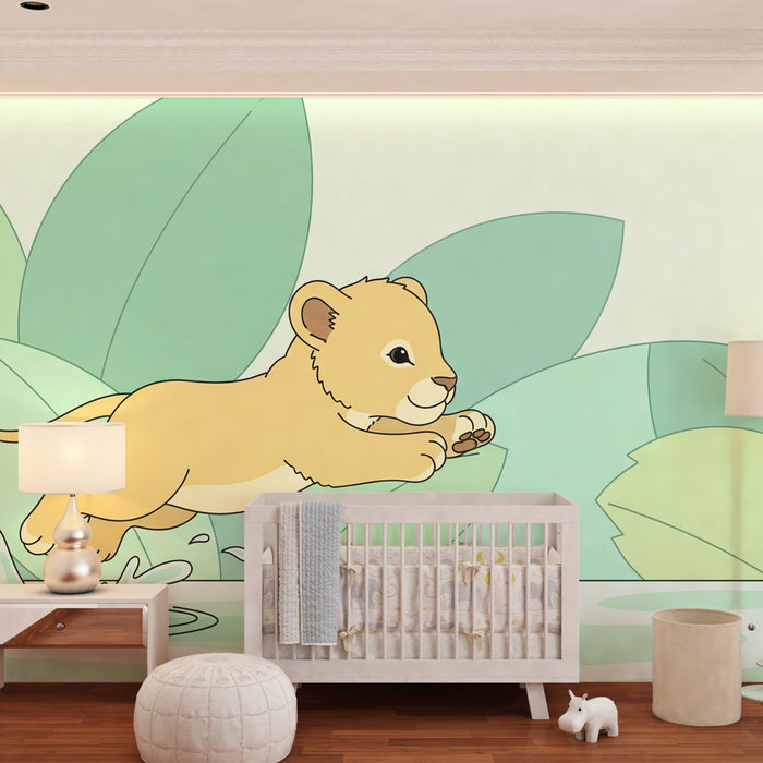 Papel pintado infantil | Pequeño león saltando en el agua