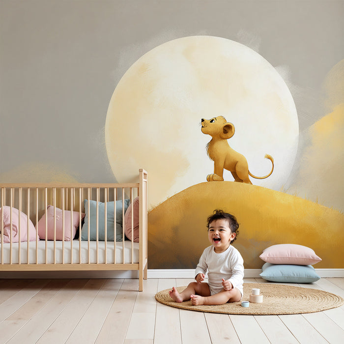 Papier peint chambre enfant | Petit lion sous la lune dorée
